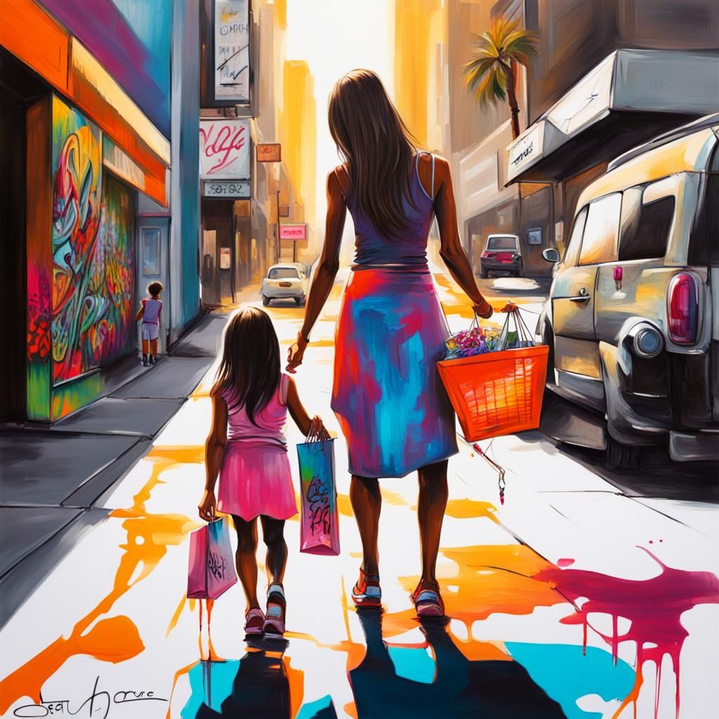 Mother and Daughter Shopping in Hollywood Graffiti Art