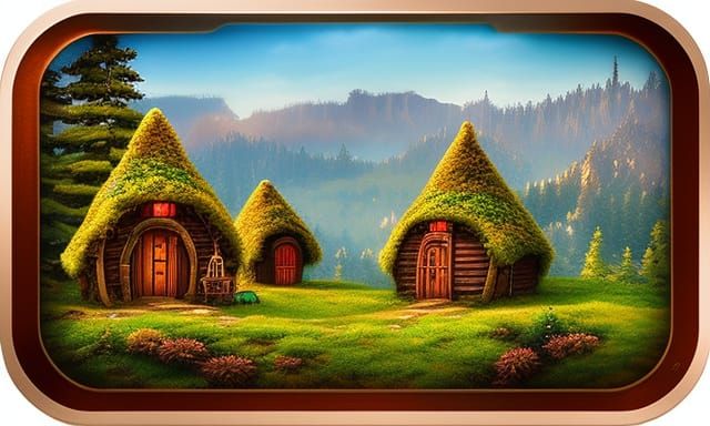 Tiny village in a small terrarium with little elves! tiny standing houses at night! little elves on Colorful sparkly gl...