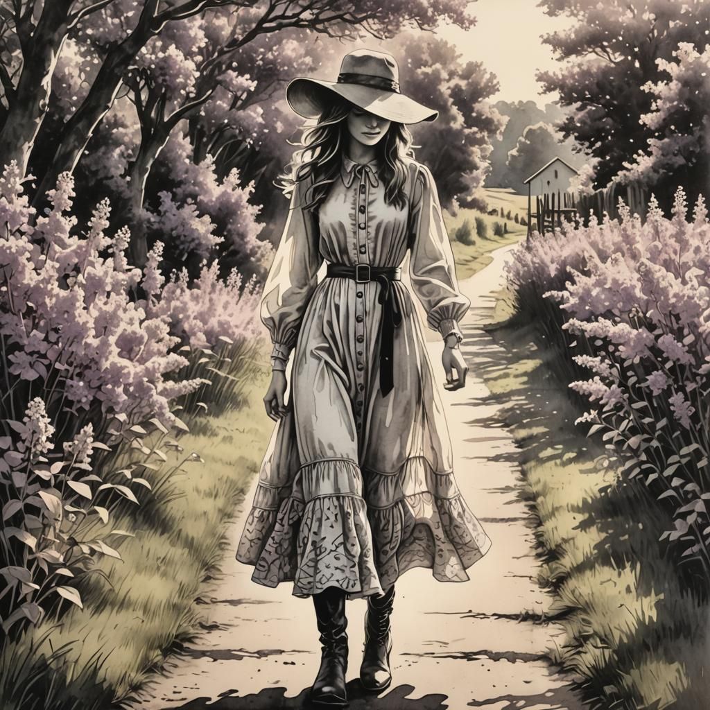 Monochromatic Girl in Boots Walks Lilac Lane