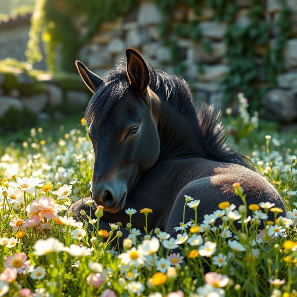 Ethereal Black Mustang Foal in Serene Wildflower Meadow