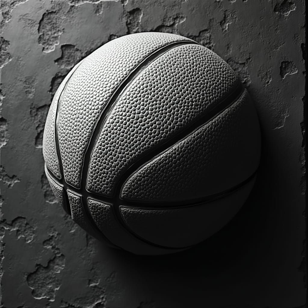 Abstract Basketball Sculpture in Black and White Relief
