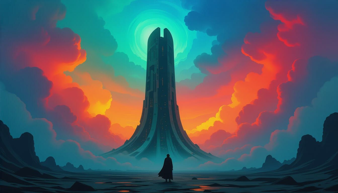 Surreal Biomechanical Landscape with Towering Structure