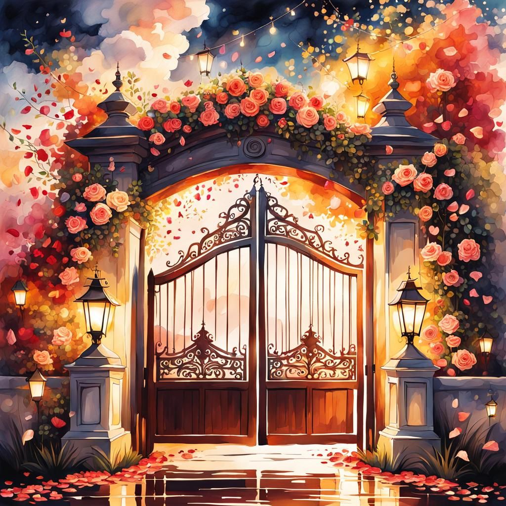 Romantic Gate to Outdoor Paradise in Watercolor