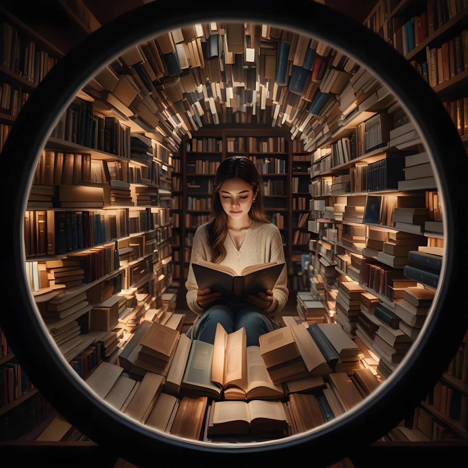 Literary Muse Surrounded by Book Characters