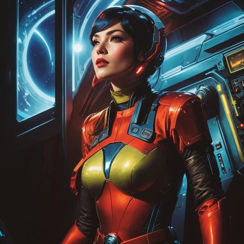 Retro Sci-Fi Pinup Space Woman in Spaceship Cabin