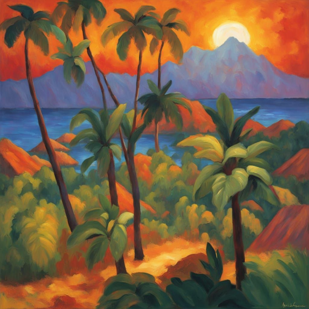 Post-Impressionist Sunrise Over Tropical Jungle