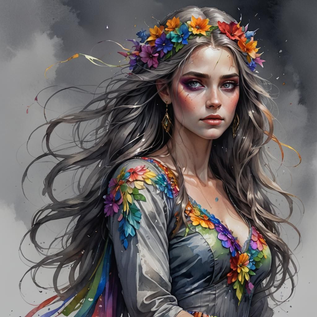 Rainbow-Eyed Flower Haired Royal Woman: Watercolor Art