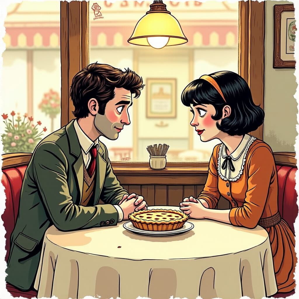 Ned and Chuck in the Pie Hole, Whimsical Ink Illustration