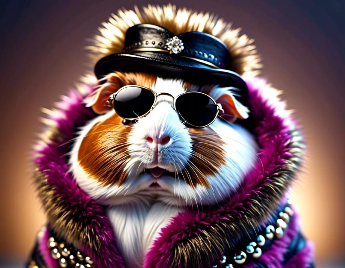 guinea pig pimp, in fur coat and sunglasses I
