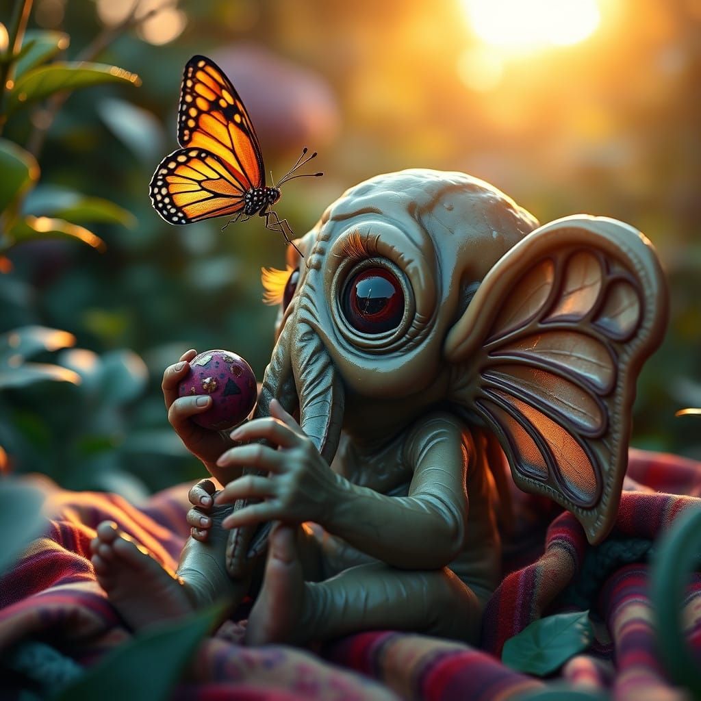 Hyper-Realistic Baby Cthulhu in Whimsical Garden Setting