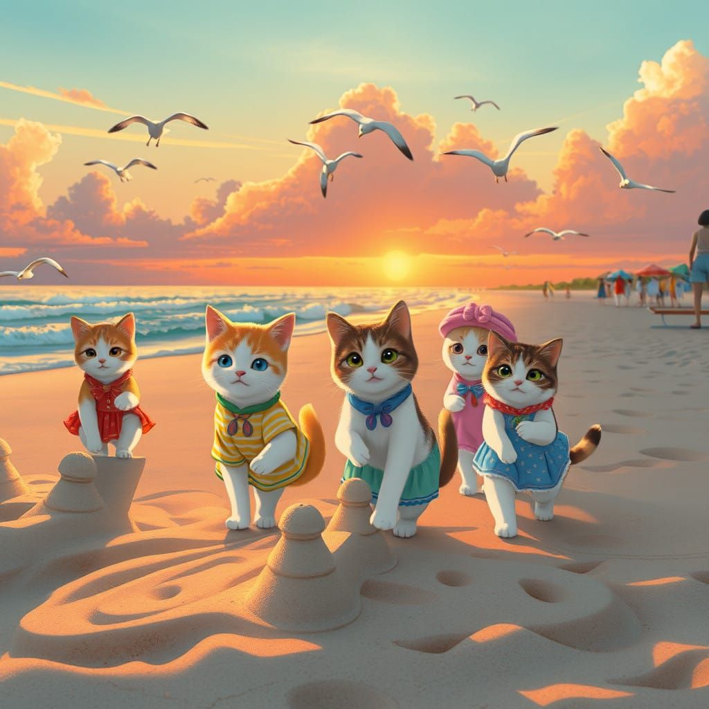 Whimsical Beach Scene: Cats in Vibrant Summer Attire