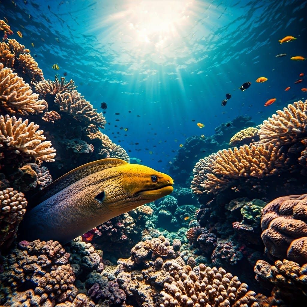 colorful and amazing scenes with corailand a big yellow mure...