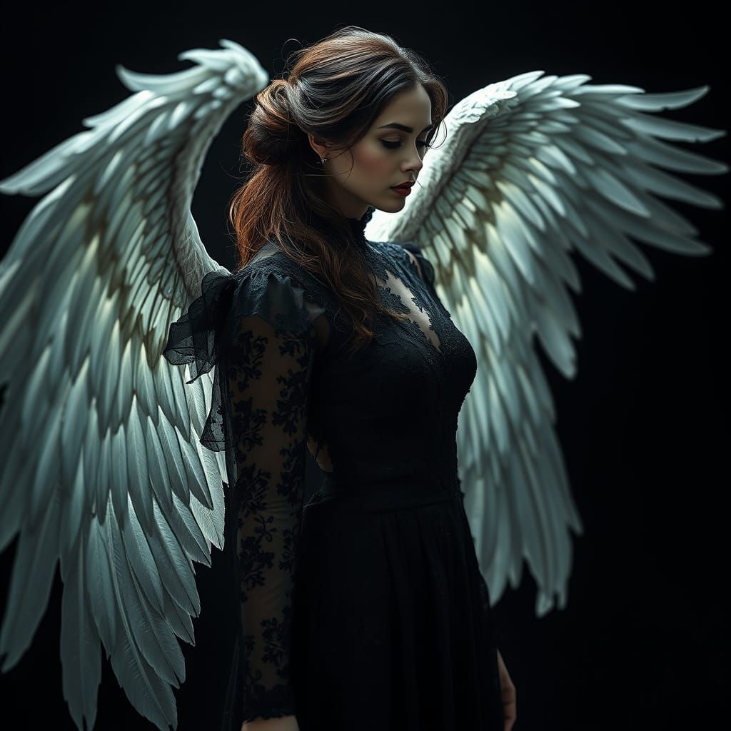 Hyperrealistic Angel in Dark, Mysterious Hues