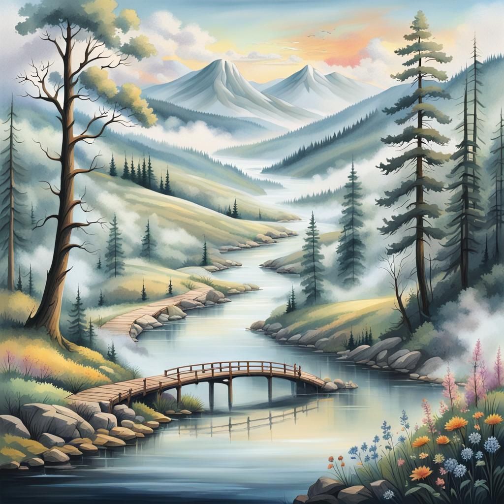 Serene Hand-Drawn Landscape with River and Mountains
