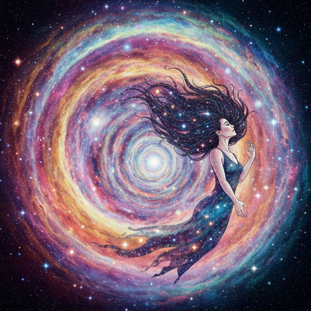 Celestial Woman Emerges from Iridescent Nebula