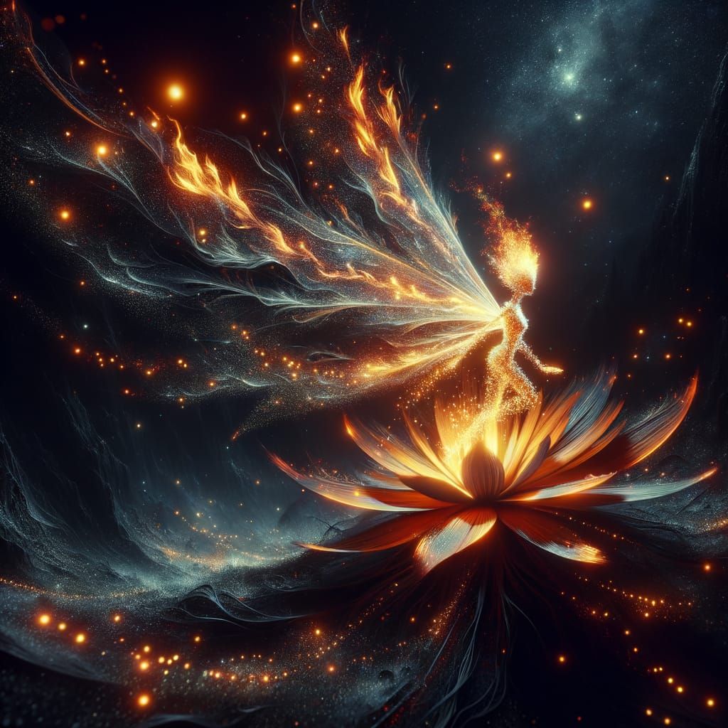 Enchanting Night Scene: Flaming Flower and Fire Fairy