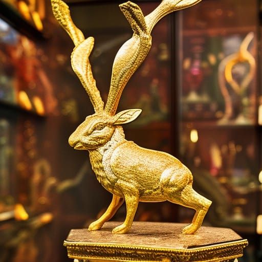Glistening Gold Jackalope Statue in Museum
