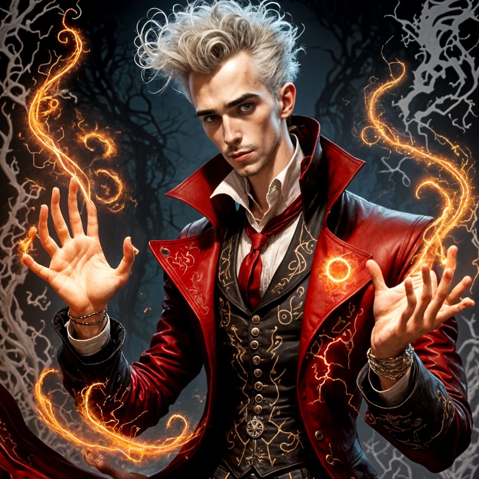 Sorcerer Conjuring Lightning with Red Leather Vest