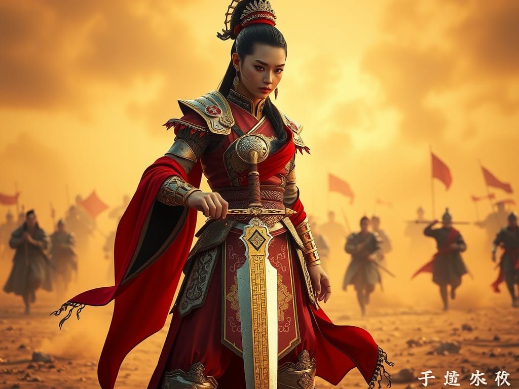 Fierce Female General on Ancient Battlefield in 3D