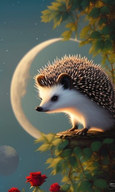Surreal Hedgehog in Lunar Landscape with Roses