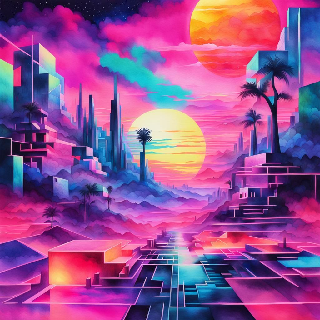 Surreal Cubist Dreamscape in Synthwave Colors