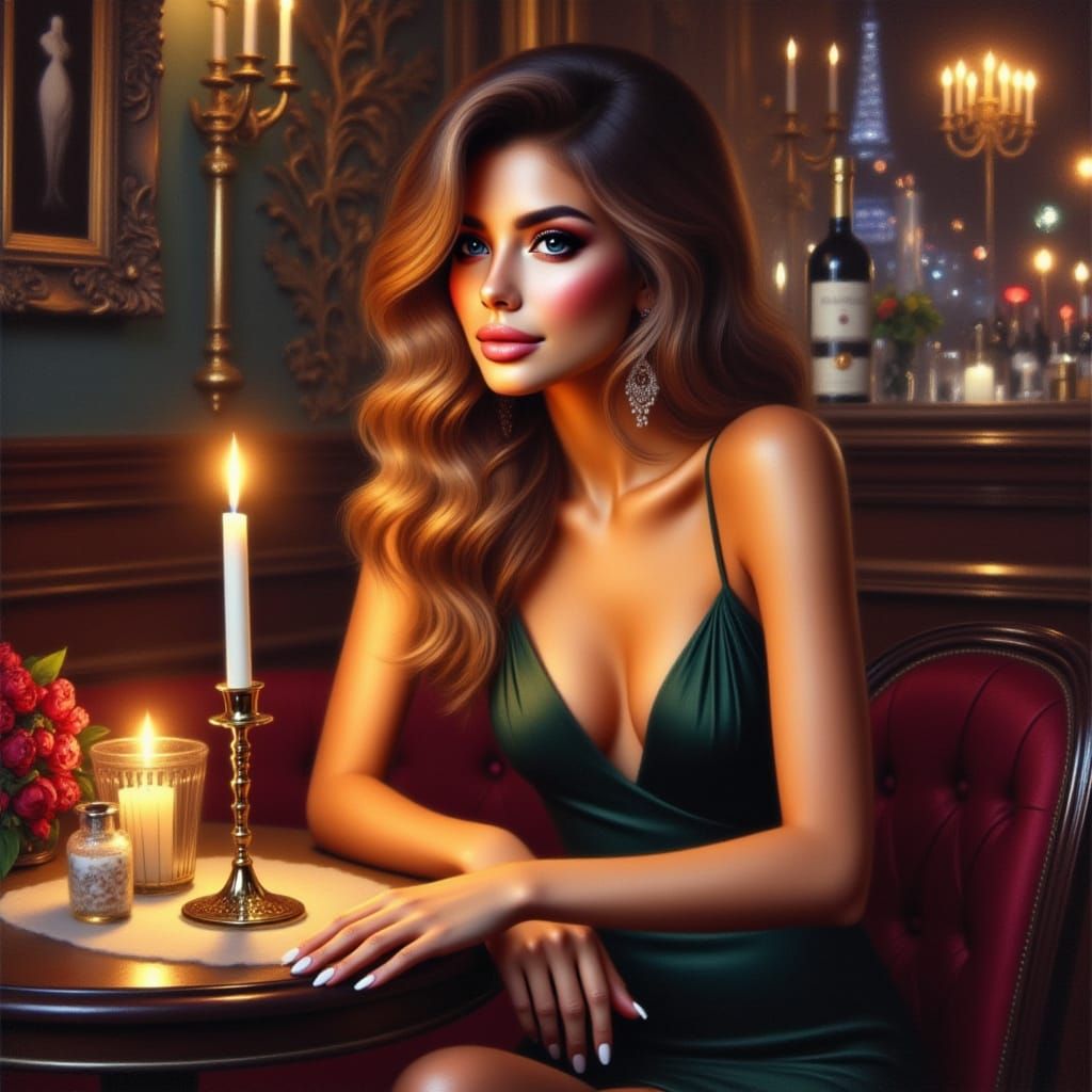 Romantic Oil Painting of Woman in Parisian Bistro