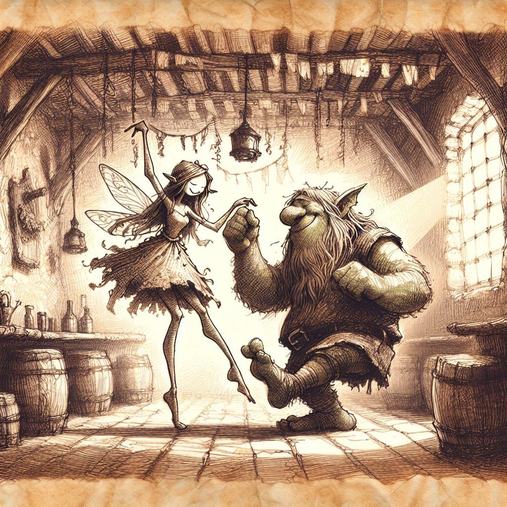 Fairy and Ogre Dance in Rustic Pub