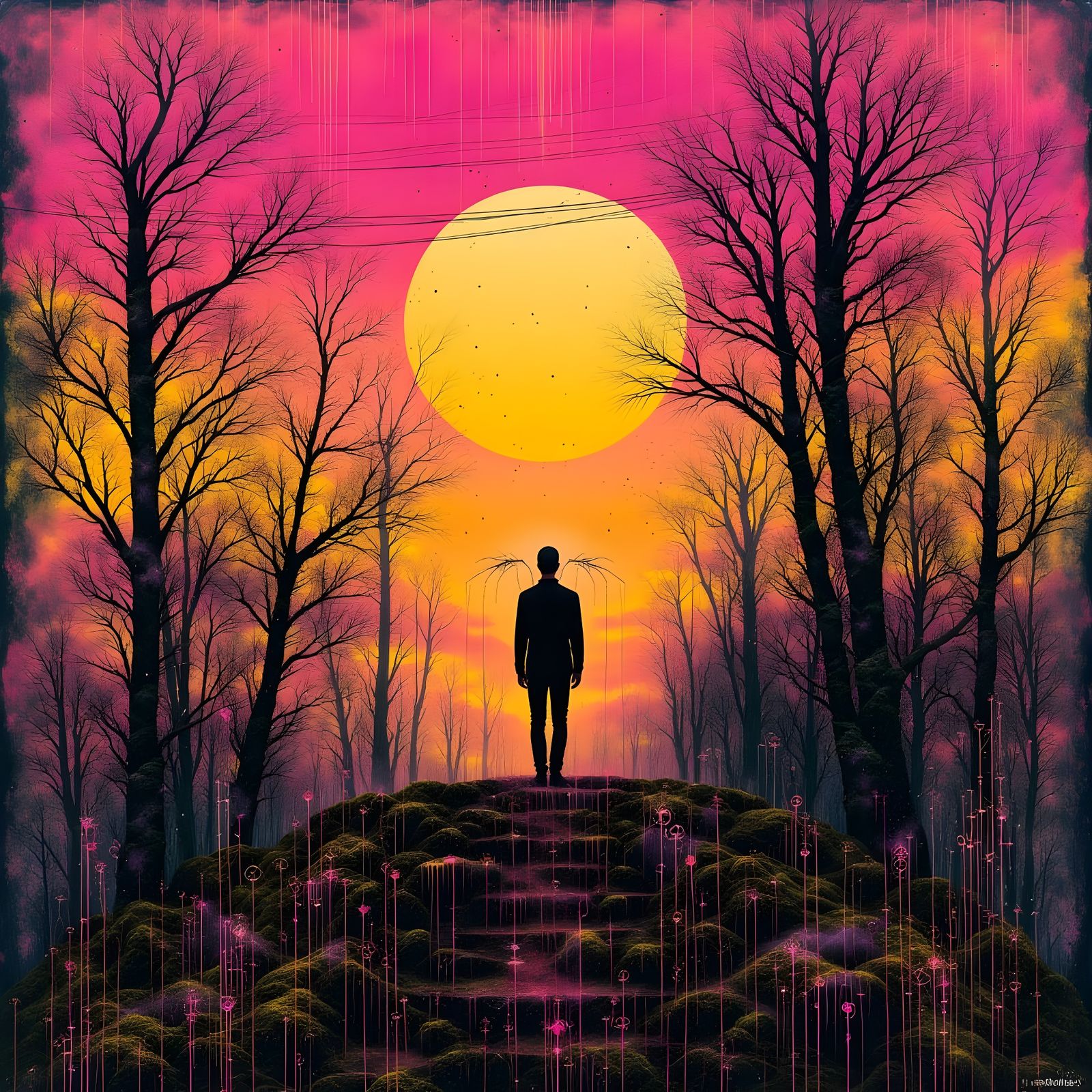 Abstract Cobwebs Against Rising Sun in Surreal Style