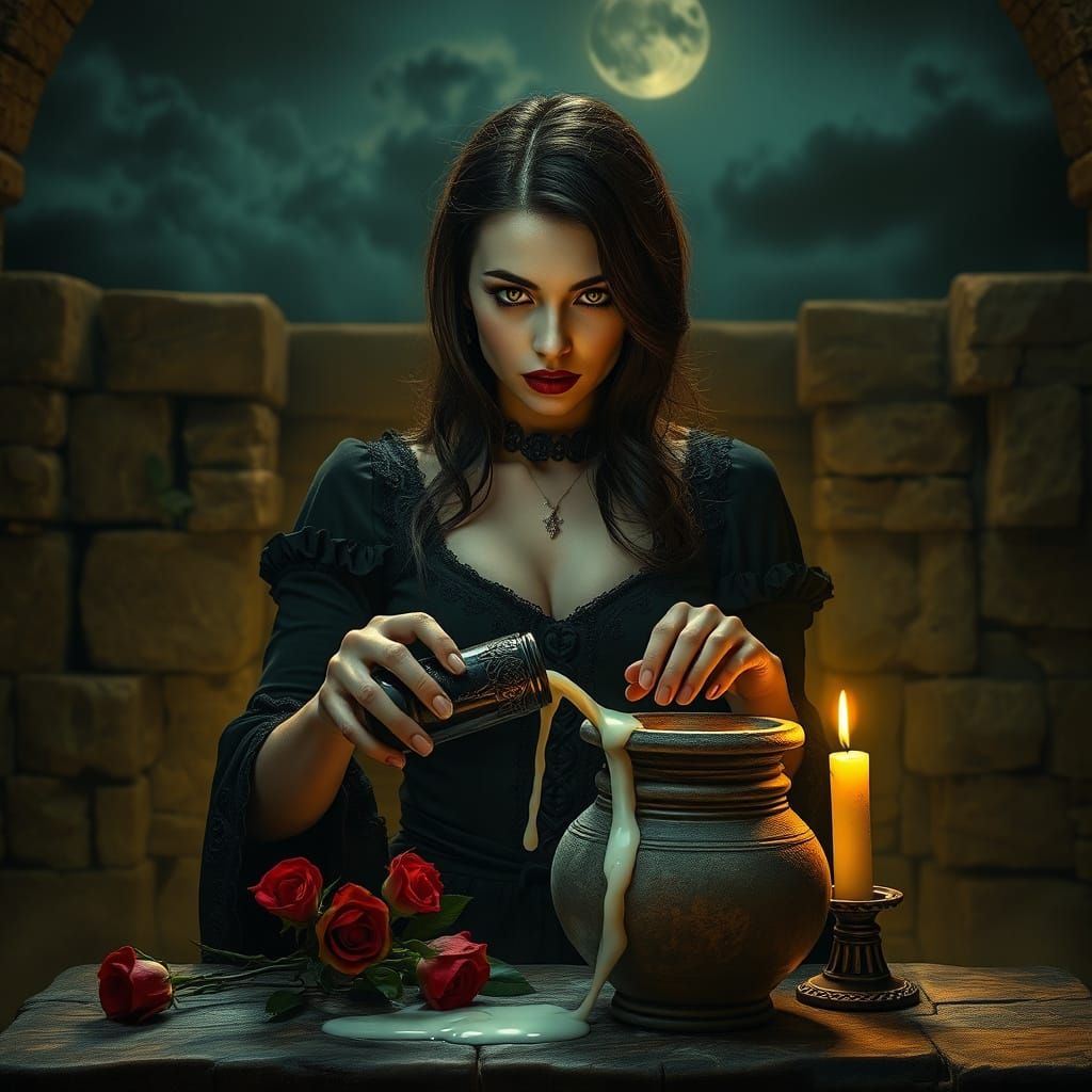 Ethereal Gothic Woman in Yellow-Gold Light