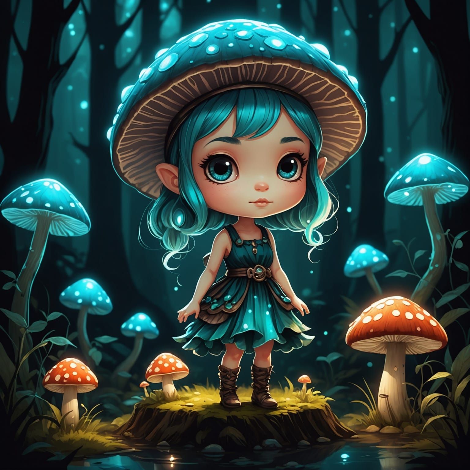 Chibi Fae Under Bioluminescent Mushroom Lamp