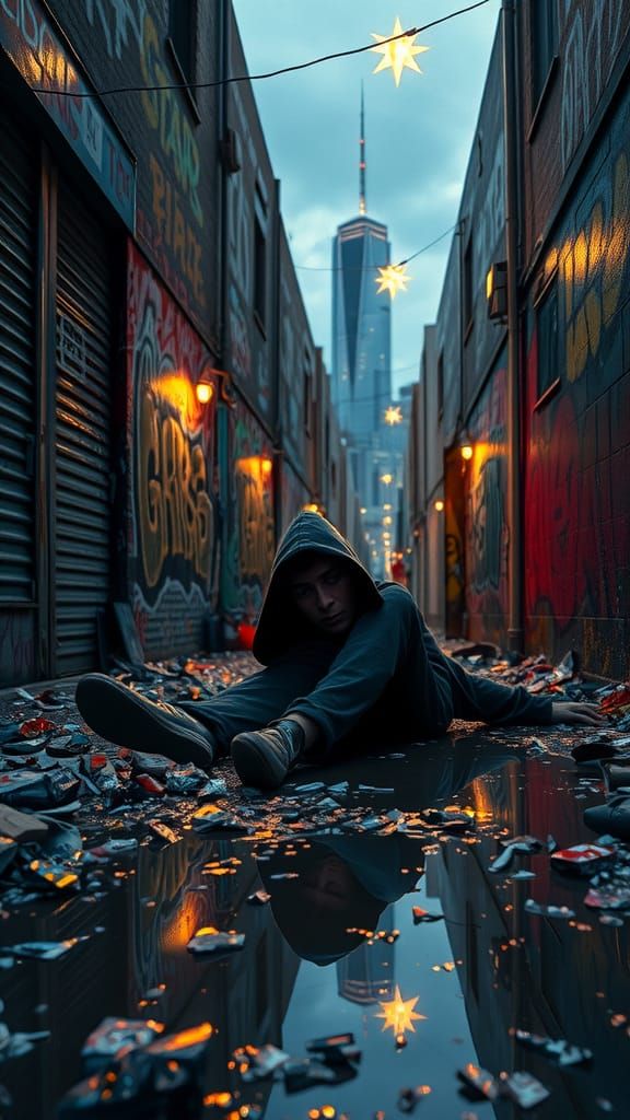 Abandoned Alleyway at Dusk: Graffiti Art and Shattered Dream...