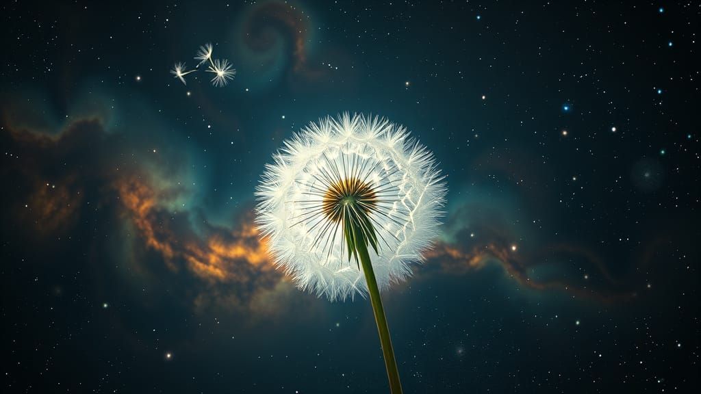 Bioluminescent Dandelion Seed in Cosmic Botanical Style