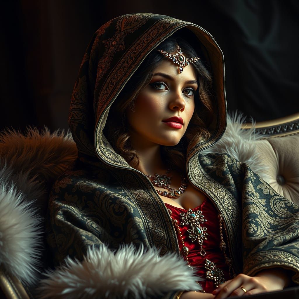 Exotic Queen in Jeweled Cloak, Pre-Raphaelite Portrait