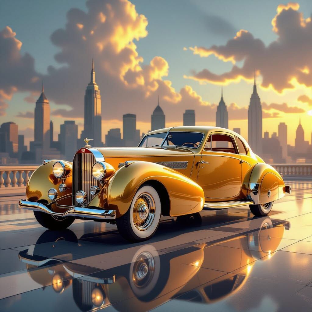 Art Deco Luxury Car: Golden Chrome Streamliner