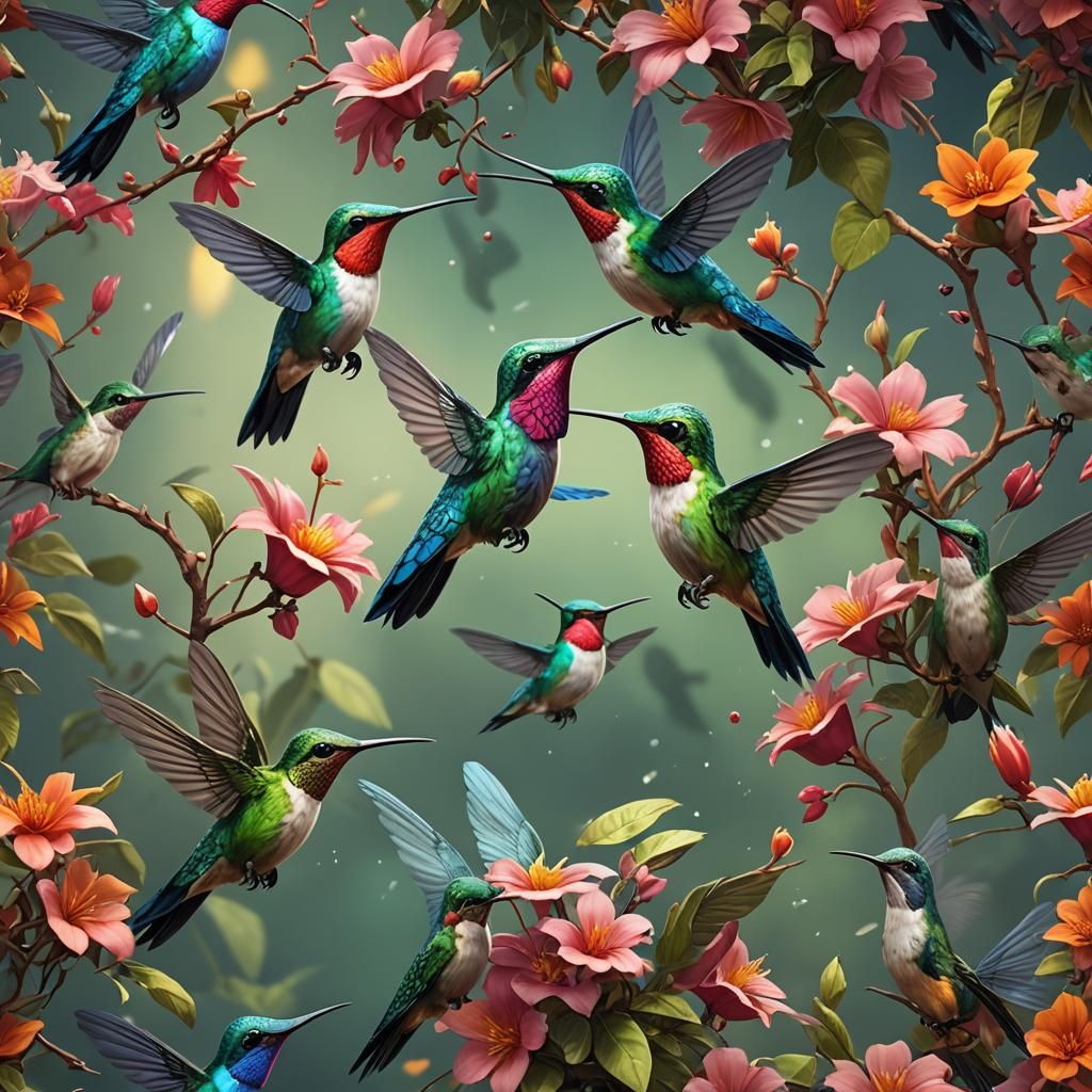 Adorable Hummingbirds in Flight: Detailed Matte Painting