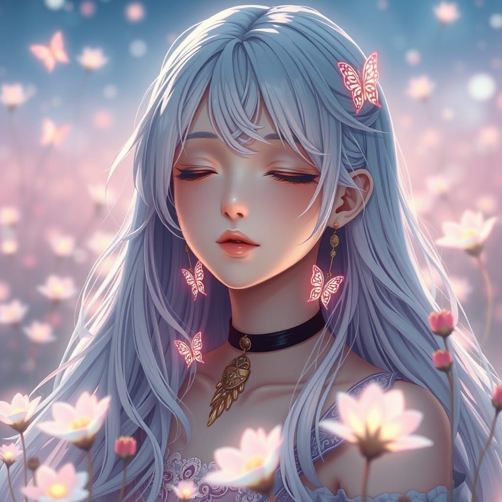 Anime-Style Portrait of Serene Young Woman in Alien Landscap...