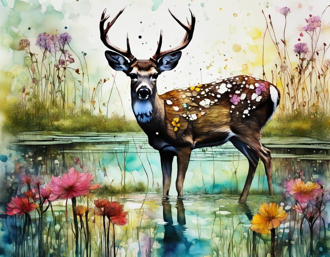 Vibrant White-Tailed Deer in a Floral Marsh