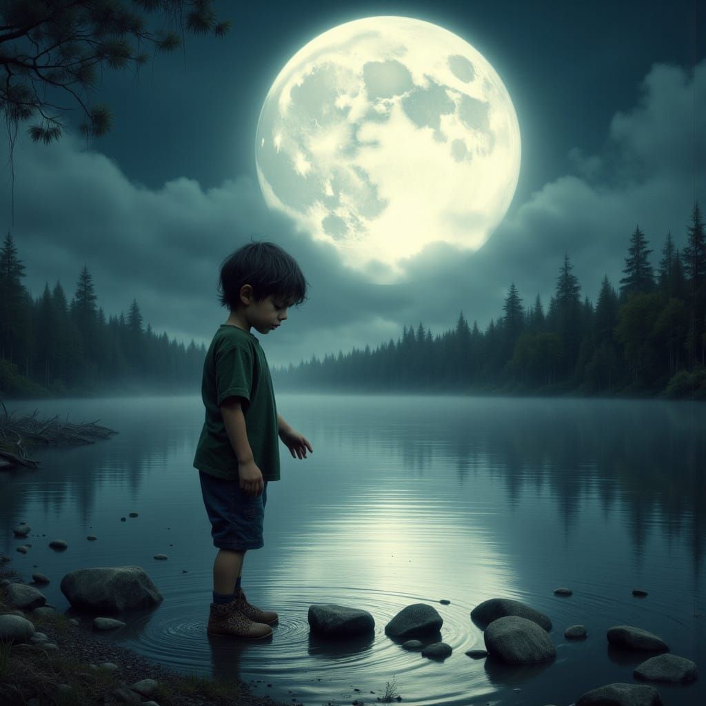 Serene Moonlit Moment with a Young Boy
