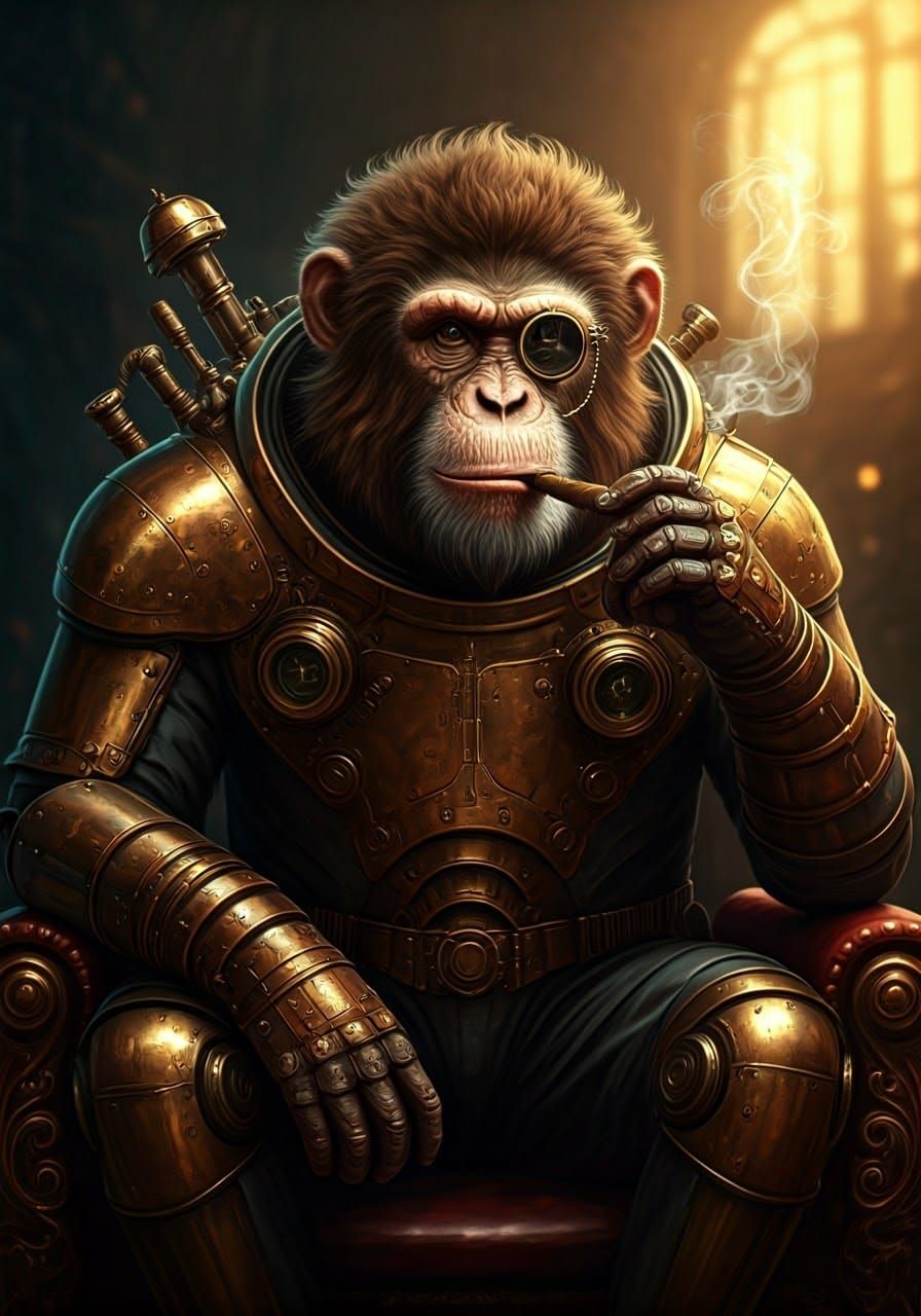 Regal Steampunk Monkey in Elegant Exosuit with Monacle and C...