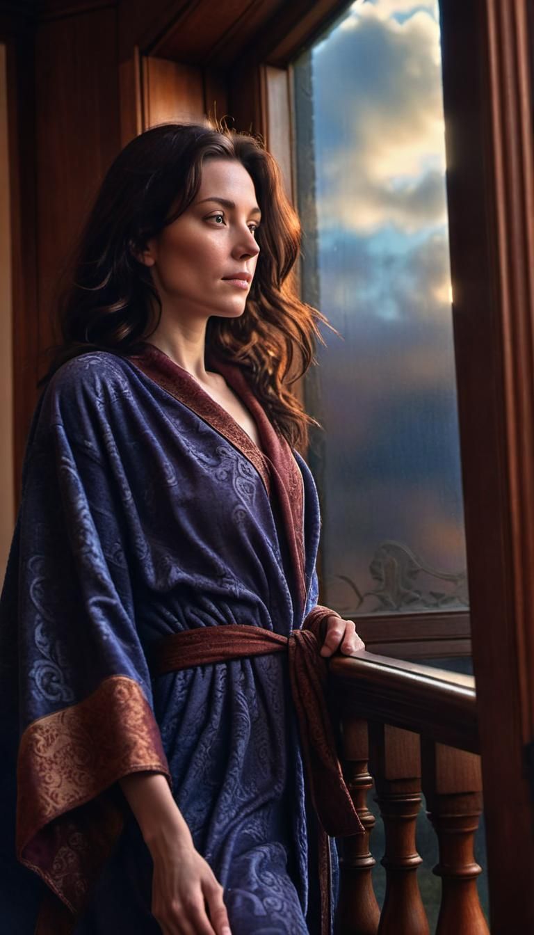 Renaissance Woman Descends Staircase at Sunrise