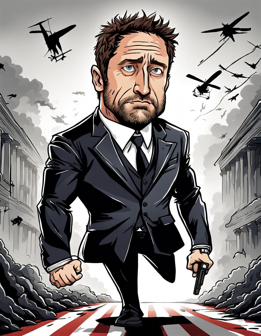gerard butler in olympus has fallen, in a Tim Burton style cartoon digital illustration