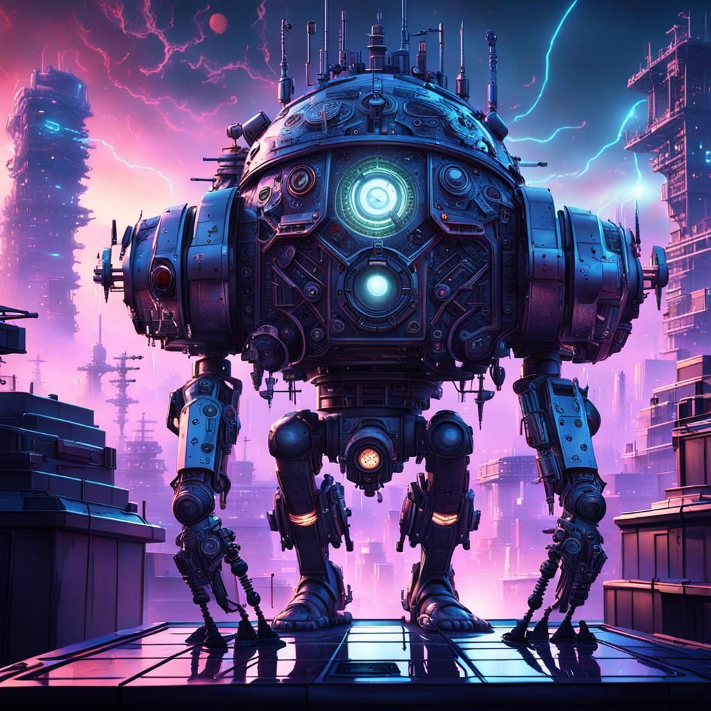 Surreal Sci-Fi Figure on Rooftop with Mech Details