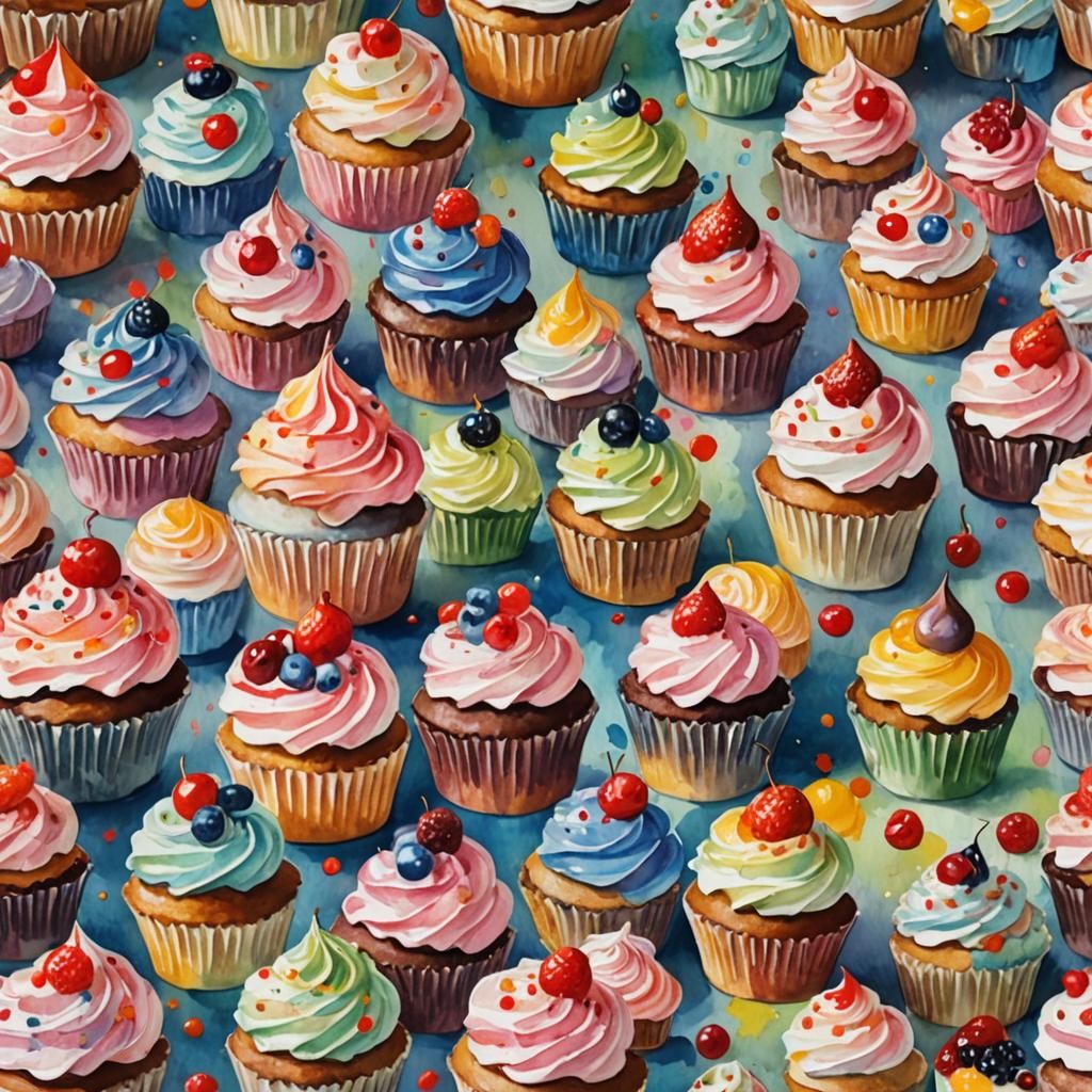 Cupcakes as Gouache and Watercolor Painting