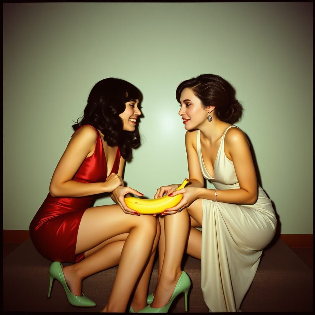 Two Women Share a Banana, Vintage Film Aesthetic