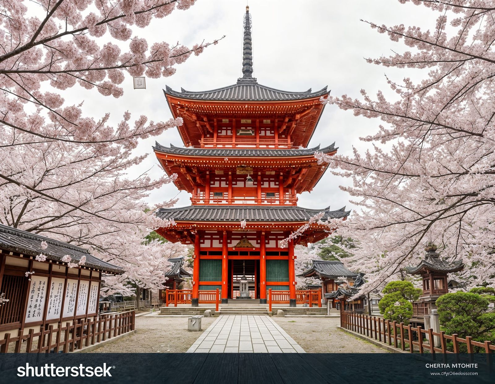 Japanese Shinto Temple in Spring with Cherry Blossoms