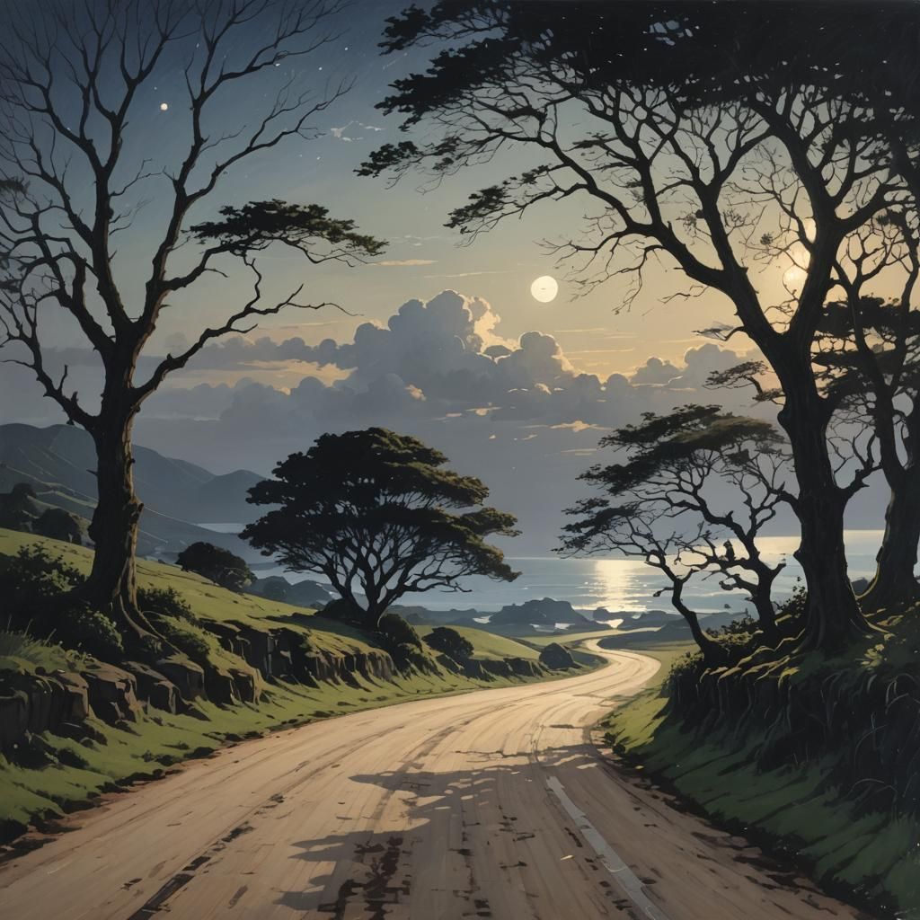 Evocative Nightfall Landscape with Silver Streams