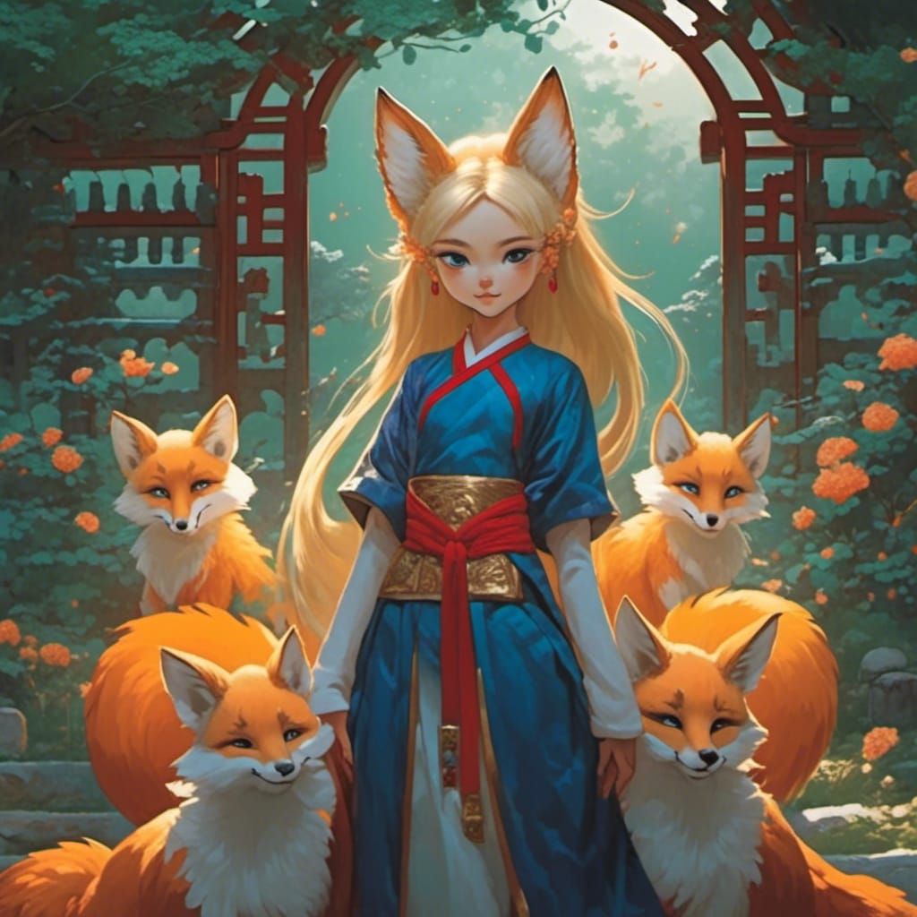 Gumiho Portrait with Fox Tails in Comic Book Style