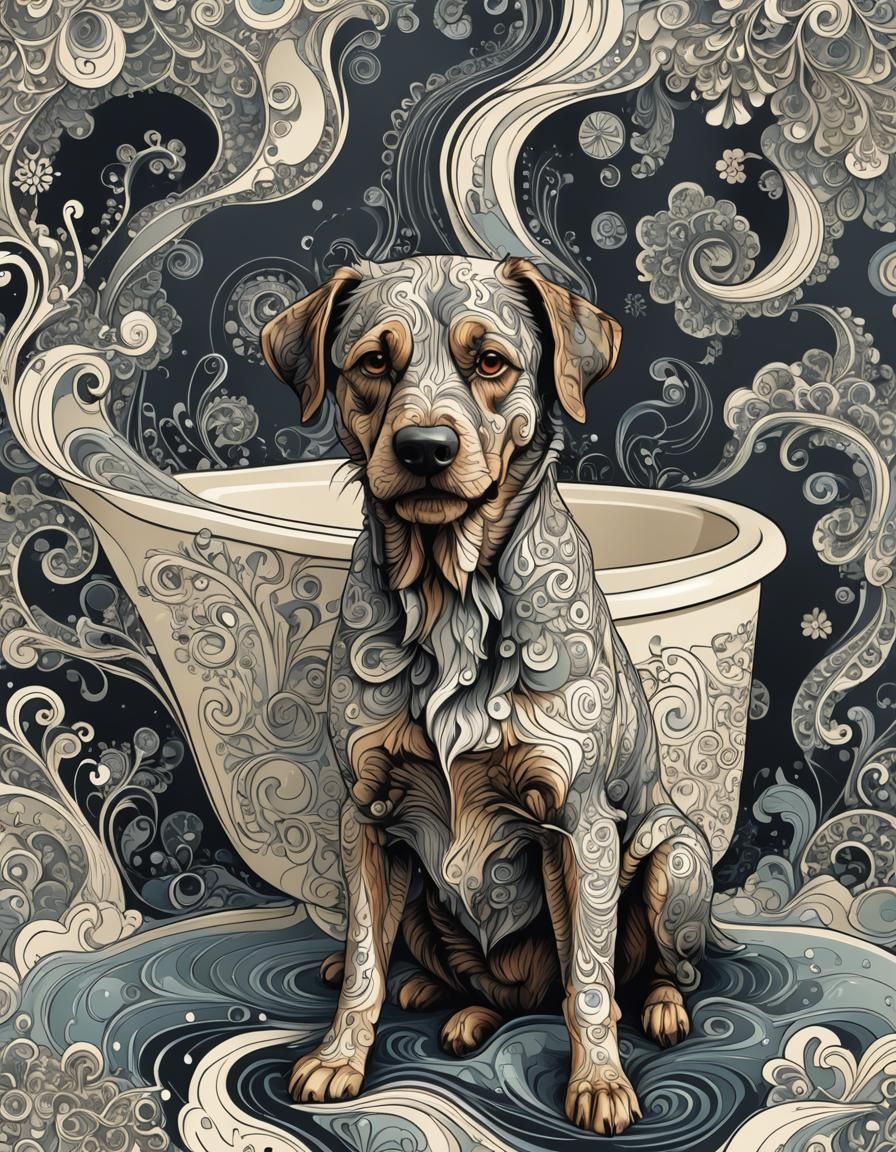 Dog being given a bath outside. The dog is unhappy