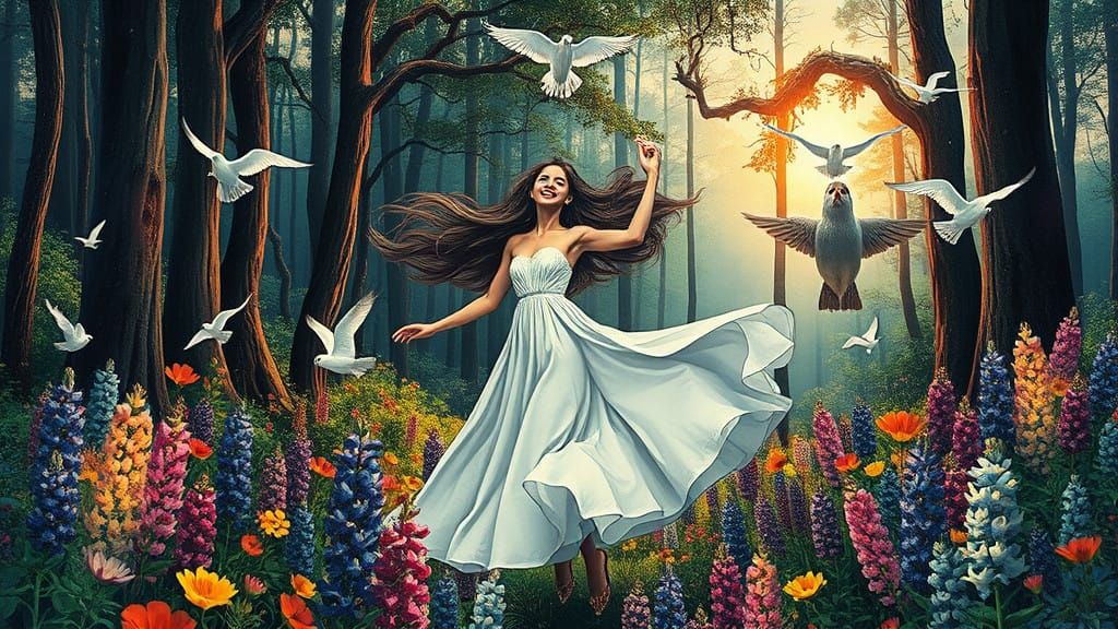 Joyful Woman Twirls Amidst Vibrant Lupinus Flowers and Exagg...