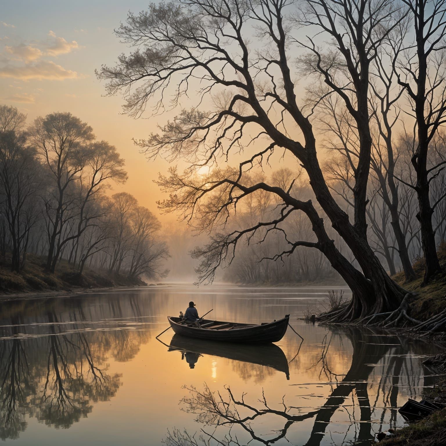 Serene Monochromatic River Scene at Sunrise